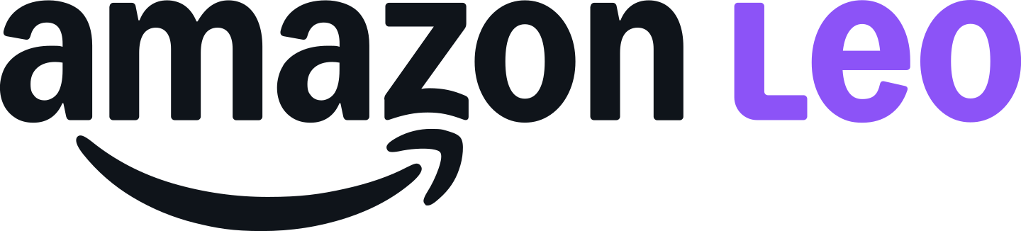 Amazon Leo Logo com detalhe roxo em tamanho menor.